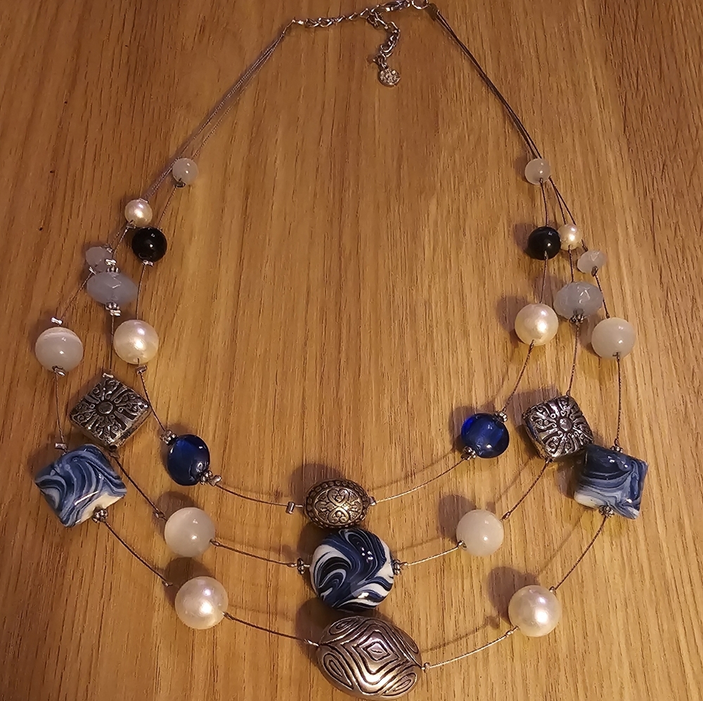 Multi-Strand Blue & Silver Beaded Statement Necklace